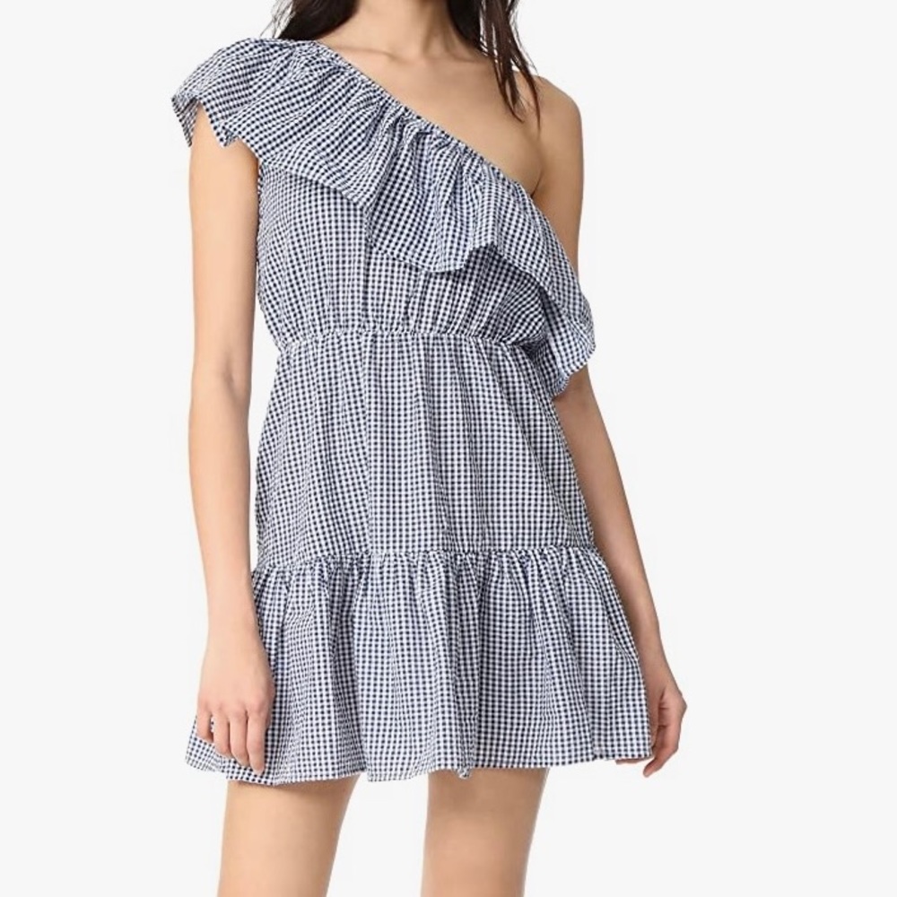 MINKPINK GINGHAM DRESS SUMMER LARGE ONE SHOULDER RUFFLE MINI WANDERER BLUE WHITE - Picture 2 of 15